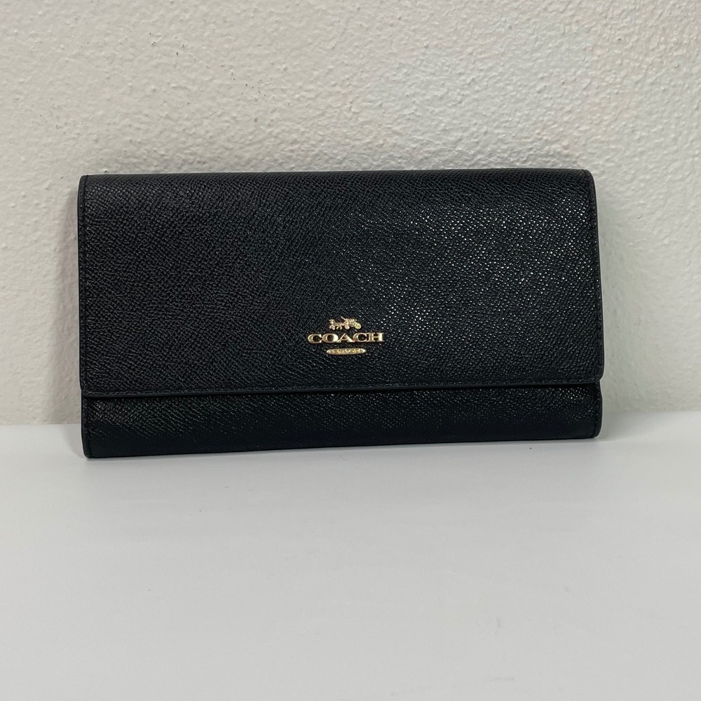 Coach Slim Tri-Fold Checkbook Wallet Black Crossgrain Leather Gold Logo